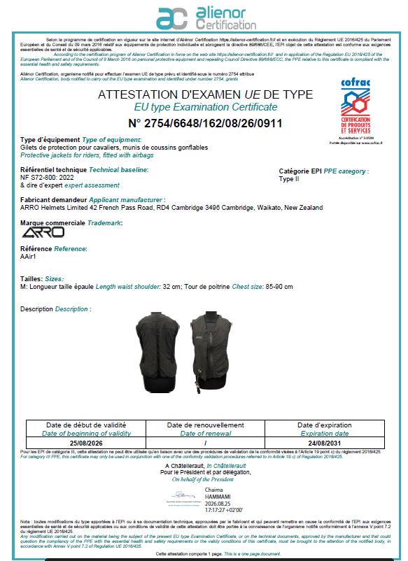 EU type-examination certificate for the ARRO AAir1 air vest (NF S72-800)