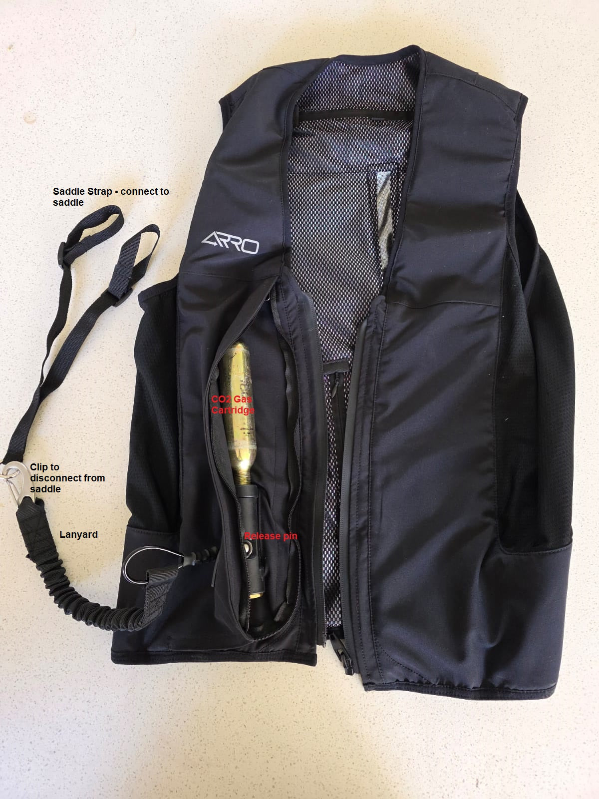 ARRO Equestrian Air Vest with lanyard and CO₂ canister – what's in the box